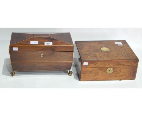 Regency mahogany sarcophagus shaped tea caddy with boxwood stringing, fitted interior on brass ball and claw feet and a writi