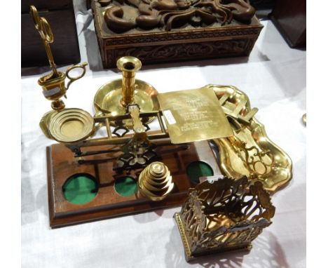 Pair of British Empire letter post scales along with weights, pair of brass wick cutters, candlestick and other items (8) 