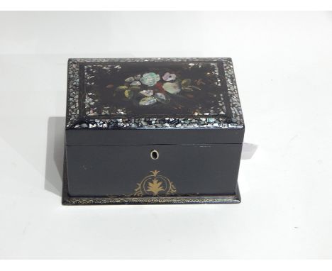 19th Century black lacquer and mother-of-pearl inlaid tea caddy with painted decoration and having fitted interior