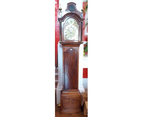 18th century mahogany longcase clock with pagoda top, the hood flanked by brass stop fluted columns enclosing brass dial with