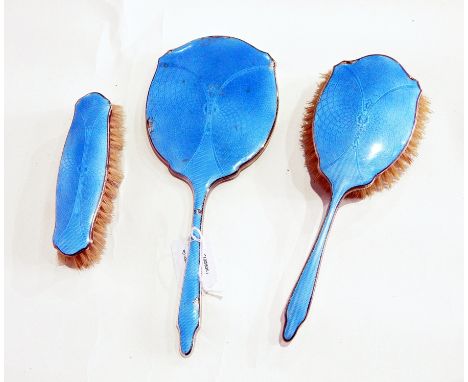 Silver and engine-turned blue enamel dressing table mirror and brush set, Birmingham 1940 