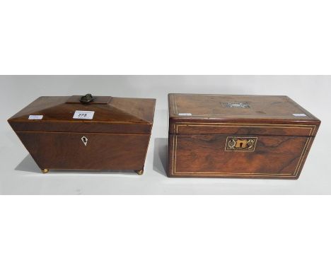 Early 19th Century mahogany sarcophagus shaped tea caddy with fitted interior and a rosewood tea caddy (2)
