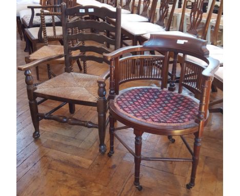 Edwardian mahogany tub chair with splatback, upholstered seat, on ring turned legs united by stretchers, on castors together 