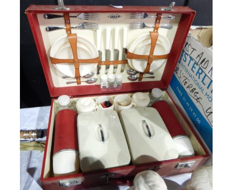 20th century picnic hamper with four forks, four knives, four spoons, cups, trays and flask 