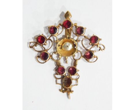 Antique gold, pearl and ruby-coloured stone pendant, pierced scroll design with central pearl (stone missing) 