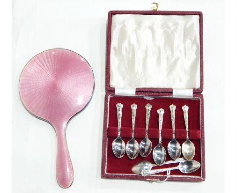 Silver and pink enamel mirror, Birmingham assay and 1938 George VI set of coffee spoons with scroll and scale handles 