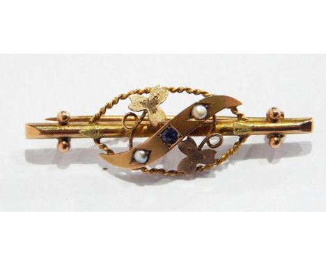 9ct, bluestone and seedpearl bar brooch, scroll and ivy decorated, gold, ruby and seedpearl bar brooch and another bar brooch