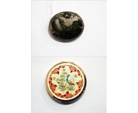 Silver-coloured metal and moss agate brooch, lady's Waltham white metal wristwatch and Stratton compact 
