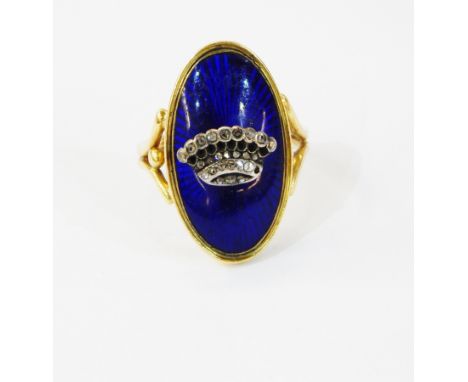 Victorian enamel, diamond and gold-coloured metal ring, oval with royal blue enamel ground surmounted by rose cut diamond set