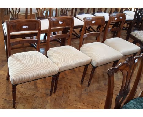 Set of four 19th century mahogany bar back dining chairs with upholstered stuffover seats, on ring turned tapering legs (four