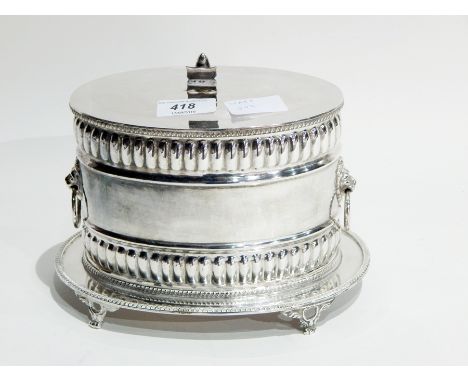 Silver plated biscuit box, oval with gadrooned borders, lion mask and ring handles, on oval base with pierced feet 