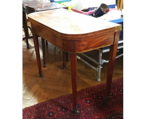 Georgian mahogany fold-over top card table with satinwood cross-banding and inlaid frieze, on square tapering legs with casto