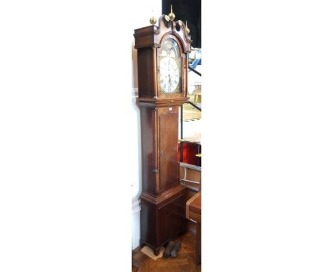 18th century oak and mahogany longcase clock with swan neck pediment, the hood flanked by turned columns enclosing brass silv