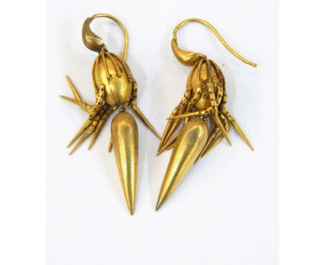 Pair gold-coloured metal pendant drop earrings with fringe tassels and gold-coloured metal and blue enamel horseshoe pattern 