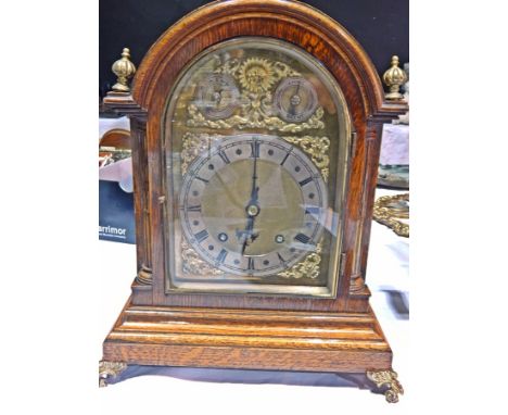 Victorian oak and gilt brass bracket clock, silver chapter ring with  Roman and Arabic numerals having subsidiary dials of sl