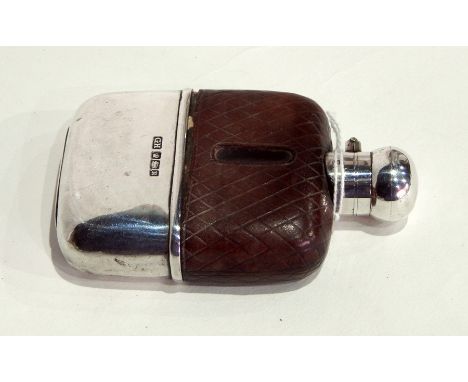 Edward VII hip flask with leather half-cover and silver cup and silver knob stopper bayonet fitting, Sheffield 1905, height 1