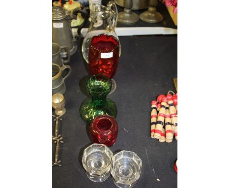 Mixed glass ware, to include water jug with star decoration, pair of octagonal glass table salts, two ruby glass vases and a 