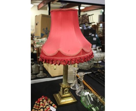 20th Century brass corinthian columned table lamp, having square stepped base with garland motif, with shade, 36.5cm high exc