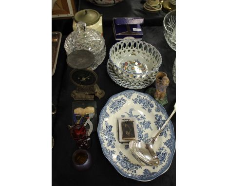 Mixed items, to include an Art Deco biscuit barrel, Royal Doulton glass perfume atomiser, Portugese pottery basket and two pl