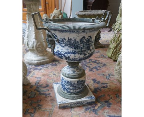 Ceramic and metal blue and white planter - Approx height: 49cm 