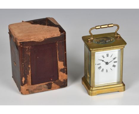 A French gilt brass carriage clock by Duverdry &amp; Bloquel, the single train movement with lion trademark, in a corniche ca