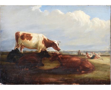 Follower of Thomas Sidney Cooper (British, 1803-1902), Cows on hillside, resting farmers and dog, oil on panel, unsigned, unf