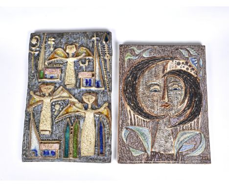 A Norwegian studio pottery relief plaque or tile, by Dagfinn Instanes, decorated with stylised angels and churches with molte