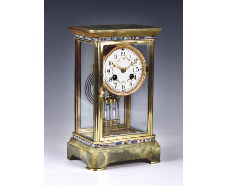 A French four glass onyx and champleve enamel cased mantel clock, early 20th century, the eight day movement, no. 3384, with 
