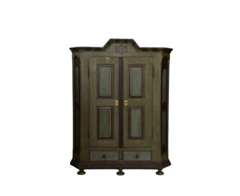 A antique Scandanavian painted pine armoire, 19th century, the architectural arched cornice over a frieze with painted '1851'