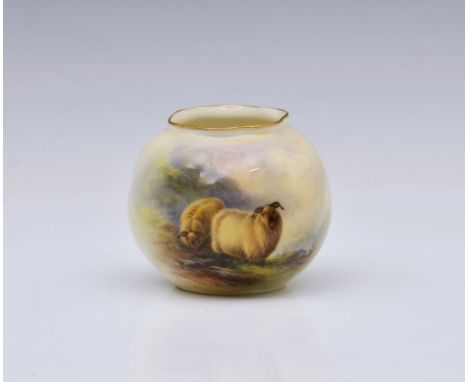 A small Royal Worcester porcelain sheep painted spherical vase by E. Baxter, painted with two long horn sheep in highland lan