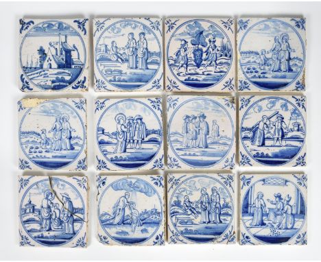 A set of twelve Dutch Delft blue and white tiles, probably 17th century, the tiles with central fields with roundels depictin
