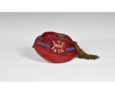 Guernsey schools sporting interest - a rare Vauxbelets School Honours cap, awarded to H. F. Curr. 1930, bright red velvet wit