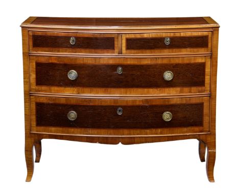A good 18th century Italian fruitwood, cherry and partridge wood bowfront commode, the cross banded top over two short and tw