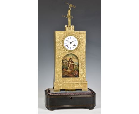 A rare French gilt metal mantel clock with Chappe semaphore automata, early 19th century, the case in the form of a rectangul