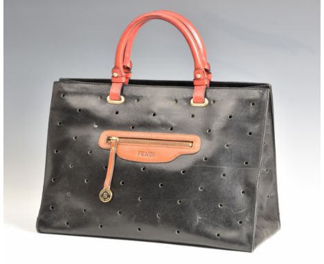 A Fendi black and red leather shoulder bag, the black, perforated leather bag with gold toned hardware, brown leather zipped 