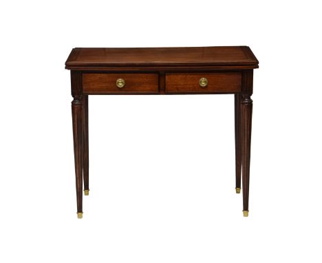 A Louis XVI style mahogany card table, the stepped top opening to inset green baize playing surface, over two frieze drawers 