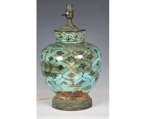 An antique Chinese turquoise glazed vase, probably for the Islamic market, converted to a lamp, the turquoise crackle glaze w