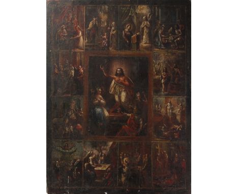 A large Orthodox Russian Feast Day icon, 19th century, tempera on wood panel, the central large panel depicting the Resurrect