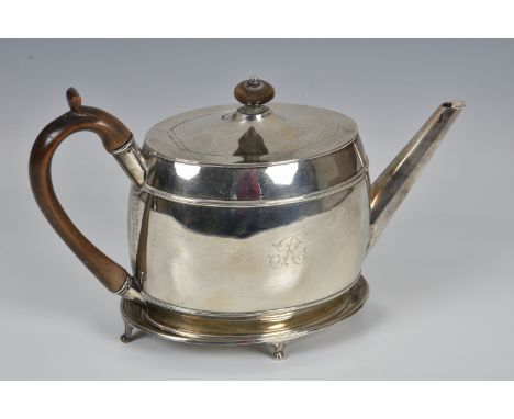 A George III silver tea pot and stand, John Touliet, London 1791, plain oval form with two girdles, boxwood handle and finial