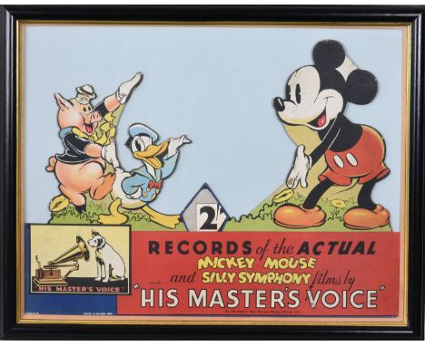 A rare His Master Voice HMV advertising panel "Records of the actual Mickey Mouse", by permission Walt Disney-Micky Mouse, Lt