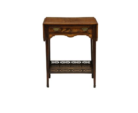 A late Victorian rosewood and marquetry drop flap sofa table with galleried undertier, the top with inlaid floral roundel, bo