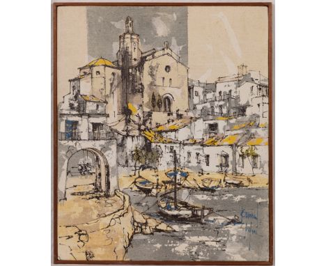 Bernard Dufour (French, 1922-2016), Mediterranean Harbour, ink and oil on canvas laid on panel, signed lower right, framed, 1