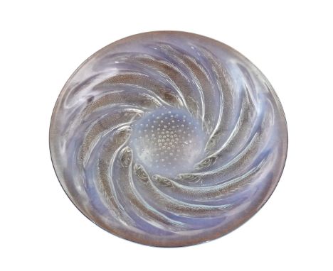 A Rene Lalique opalescent 'Poissons' shallow bowl, with spiraled fish around central air bubbles, 'R. Lalique' signed to base
