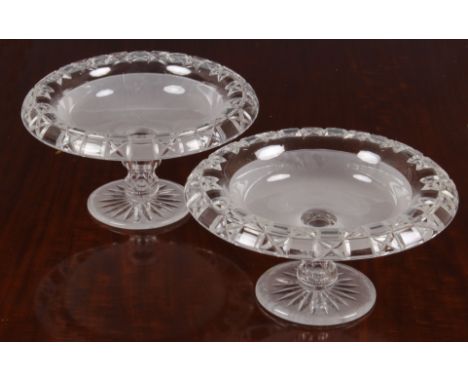 A pair of Victorian cut and frosted glass tazzas, each bowl with turnover rim with panel and cross cutting, the lower bowl fr