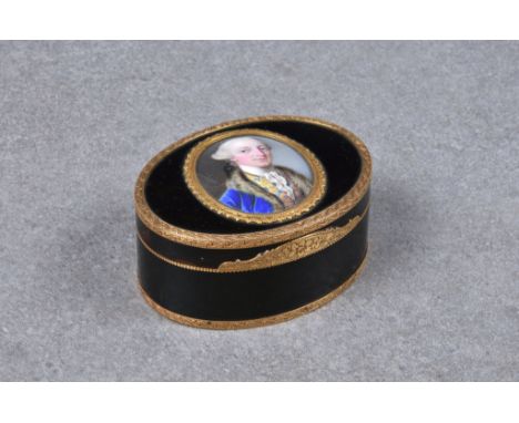 A rare and fine quality oval black tortoiseshell and gold portrait snuff box, 18th century, the lid with central oval, head a