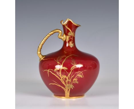 A Royal Crown Derby porcelain flask / ewer vase, circa 1878-1890, with gilded foliate decoration over rouge ground, orange ma