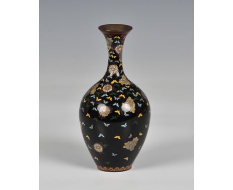 A silver wired Japanese cloisonné enamel baluster vase, Meiji period (1868-1912), with elongated slender neck and flared rim,