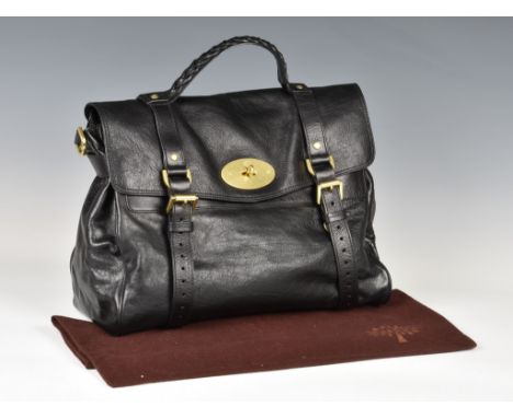 A black soft buffalo leather Mulberry oversized 'Alexa' handbag, ref. HH7541/671A100, with brushed brass hardware and two mag
