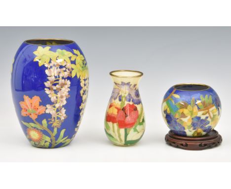 Three Japanese shotai-jippo (plique-a-jour) enamel vases, 20th century, all decorated with flowers, the largest with wisteria