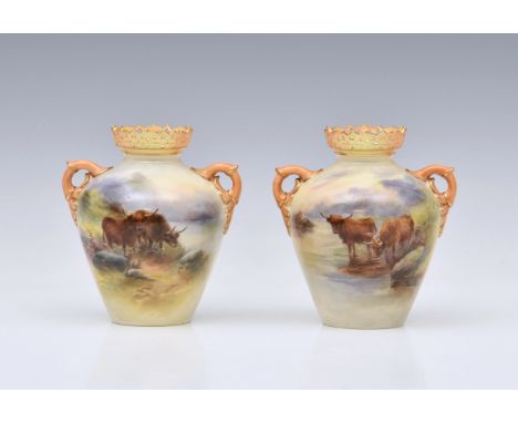 A pair of Royal Worcester porcelain highland cattle painted twin handled vases by Harry Stinton, one vase painted with two hi